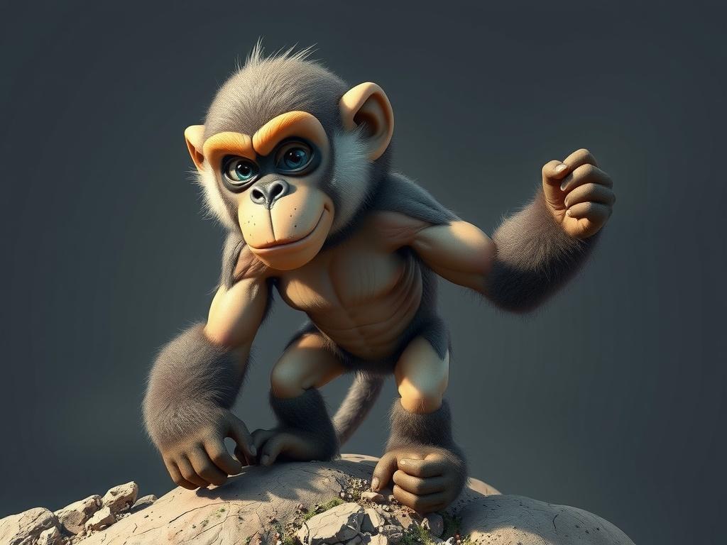 A cartoon-style animated monkey stands on rocks with a lively expression.