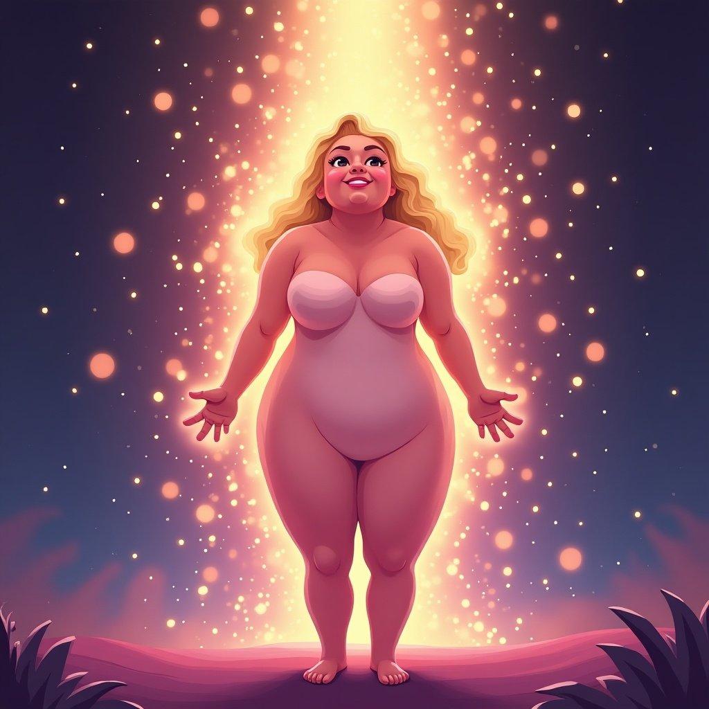 Cartoon image showing an unsex figure surrounded by a radiant light. The figure has blond hair and expresses joy. Glowing light creates a magical atmosphere.