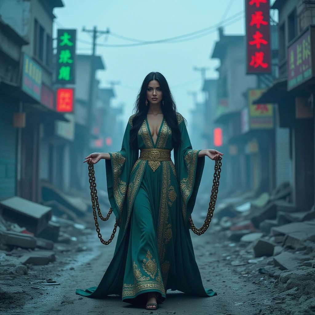 Scene filled with thick ethereal haze. Woman stands confidently in rubble-strewn street. Dressed in flowing robe with intricate golden patterns. Shimmering under muted light. Holds resplendent chains in one hand. Other hand reaches out invitingly. Background has dilapidated buildings with neon signs. Reflects chaotic surreal urban landscape. Eerie mystical atmosphere with swirling dust. Overall composition heightens drama of stance.