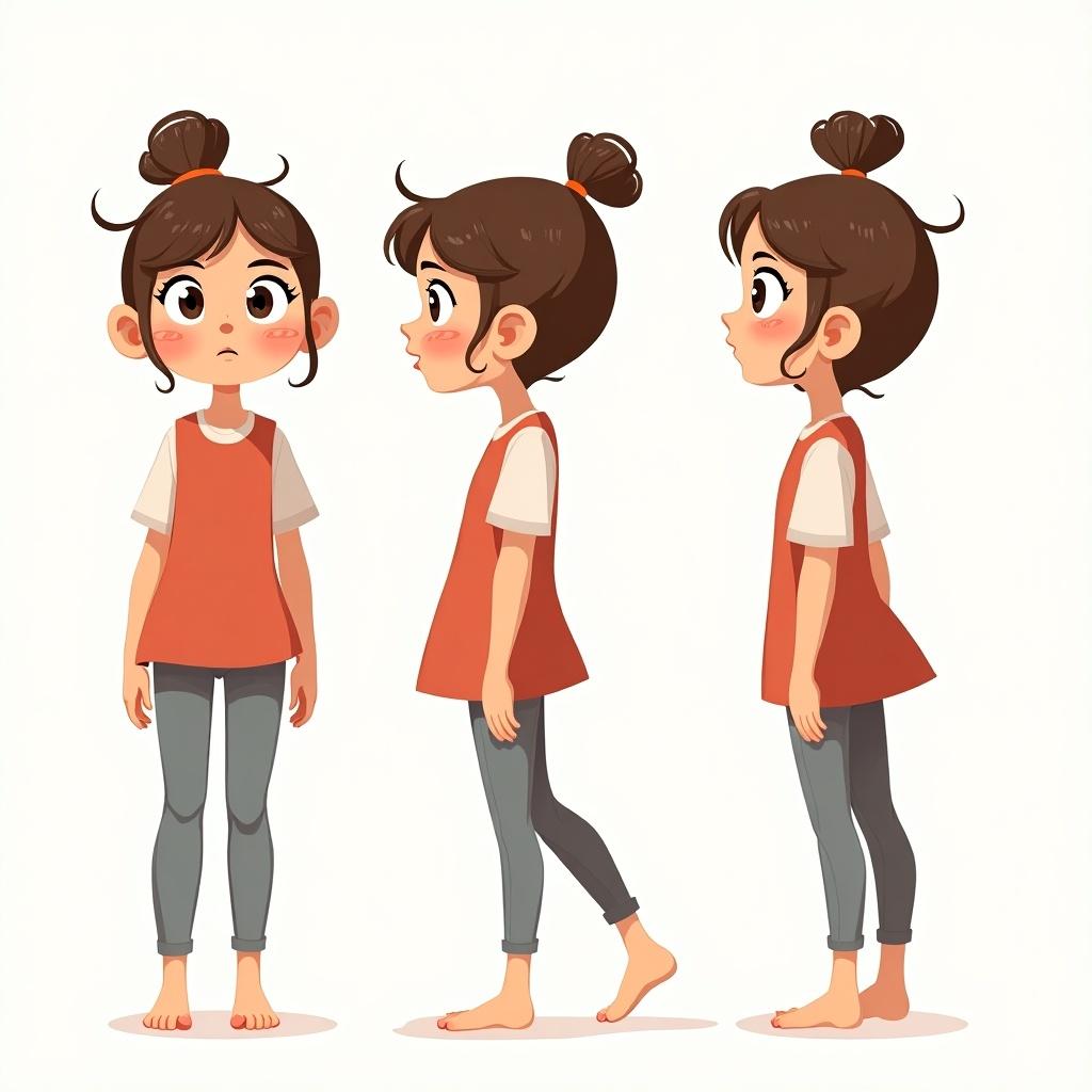 This image showcases a curious and clever young girl character design from multiple angles: front, side, and back. She has a playful expression that emphasizes her curious nature. Dressed in an oversized orange top and fitted grey pants, she stands barefoot, adding to her childlike charm. The character has a bun hairstyle adorned with a small hair tie, enhancing her youthful appearance. The overall aesthetic is colorful and engaging, perfect for a children's book or animation.