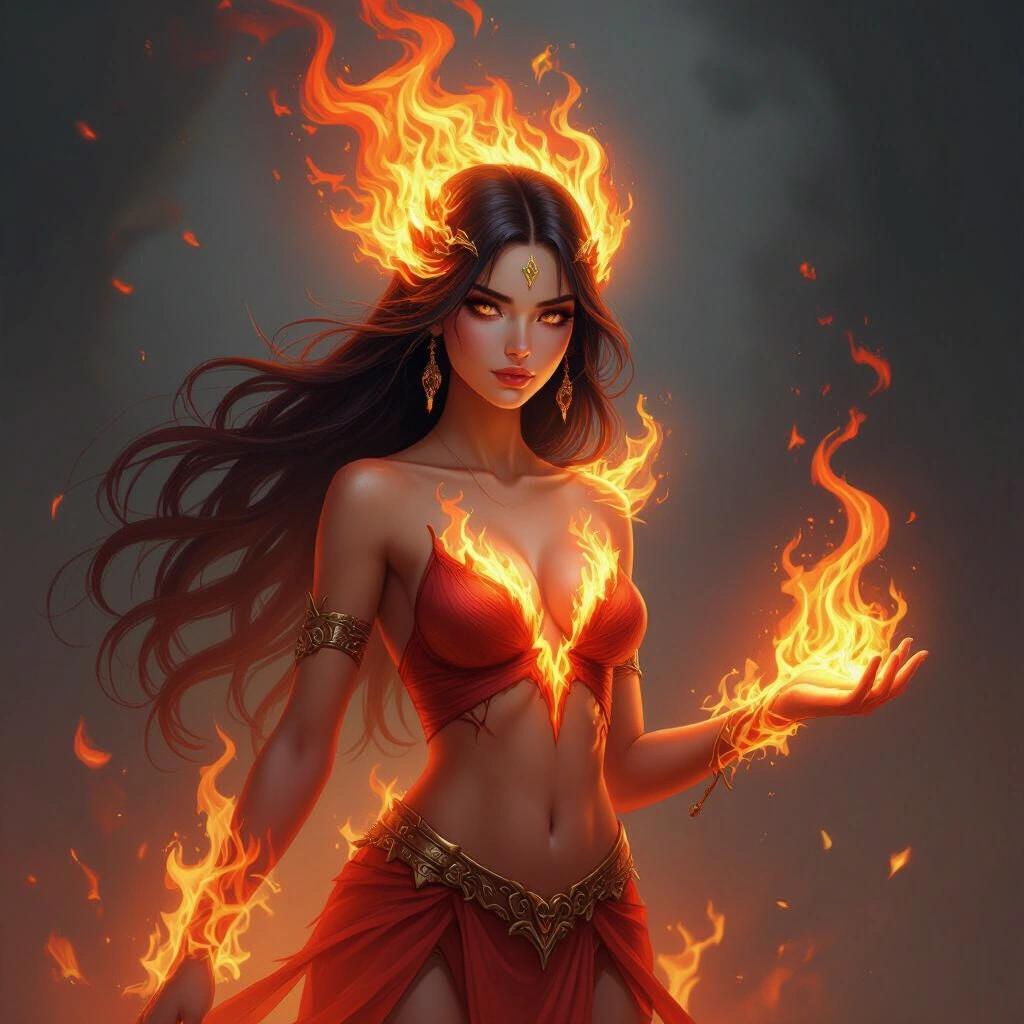 Fire spirit depicted as a female. Body made of flames. Elegant pose with flames swirling around. Hot colors dominant. Dramatic elements in the composition.