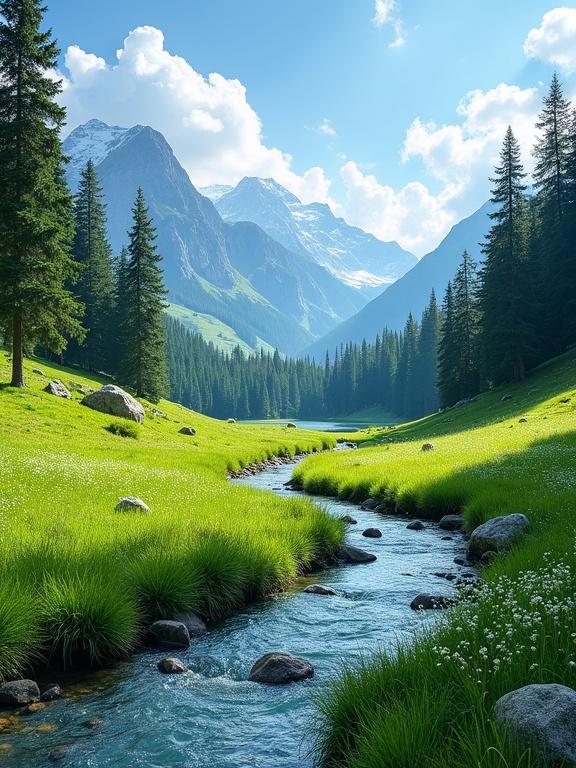 Picturesque alpine landscape with a serene meadow and a flowing stream. Lush green meadow filled with wildflowers. Clear blue-green stream winding through grass and rocks. Tall evergreen trees in the background leading to majestic snow-capped mountains under a bright blue sky with fluffy clouds. Overall tranquil and vibrant atmosphere.