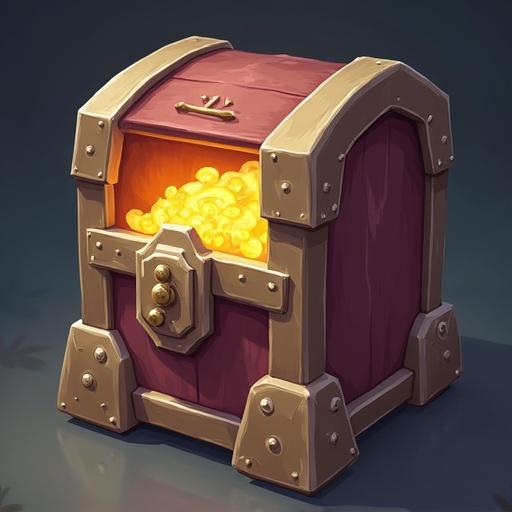 A treasure chest filled with gold coins. The chest is red with gold accents and brackets. It has a shiny lock and is illuminated from inside. The style is reminiscent of ARPG game assets.