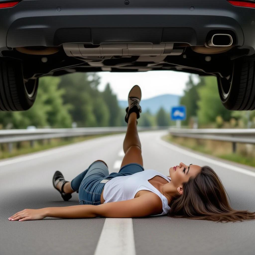 Woman lying on back under a car on the side of the road. Car is in distress on the highway. Scene shows a peaceful landscape with trees and distant mountains.