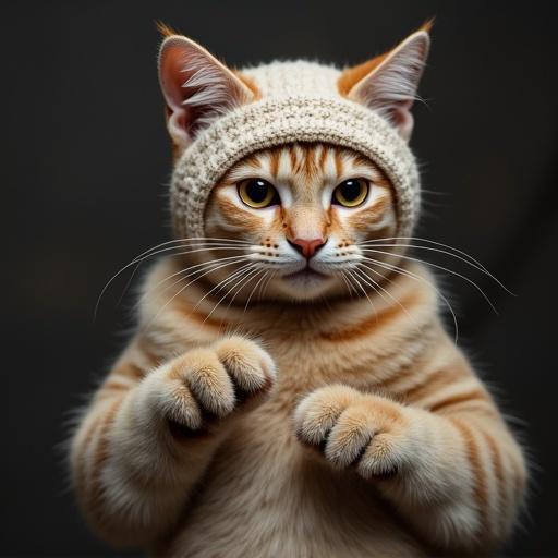 Cat wearing skullcap with echpochmak in paws