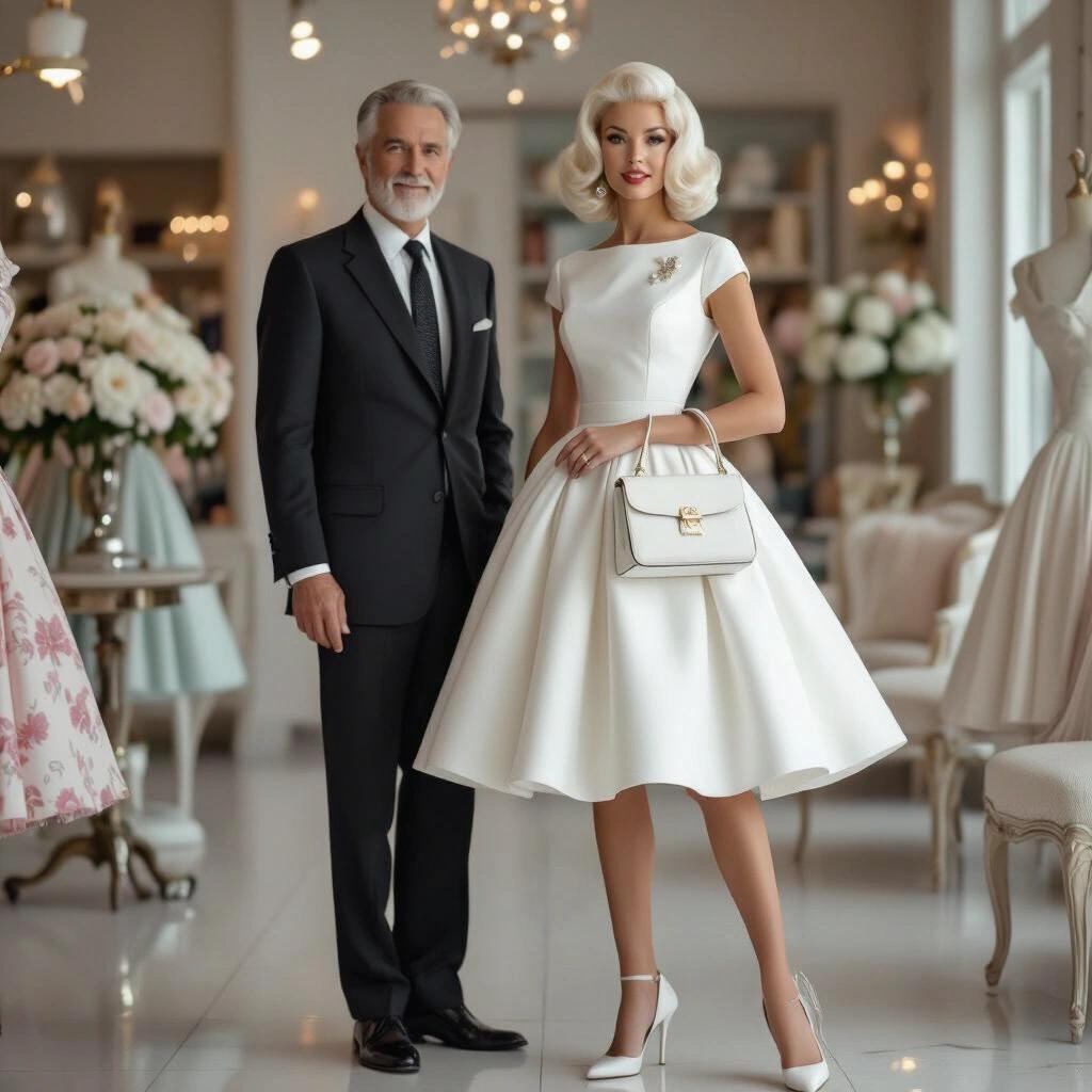 Stunning portrait of a 1960s woman with platinum blonde hair. She wears a dress with petticoats and a white purse. An older man in a suit stands beside her. The setting is a dress boutique with elegant decor. Very high heels are worn by the woman.