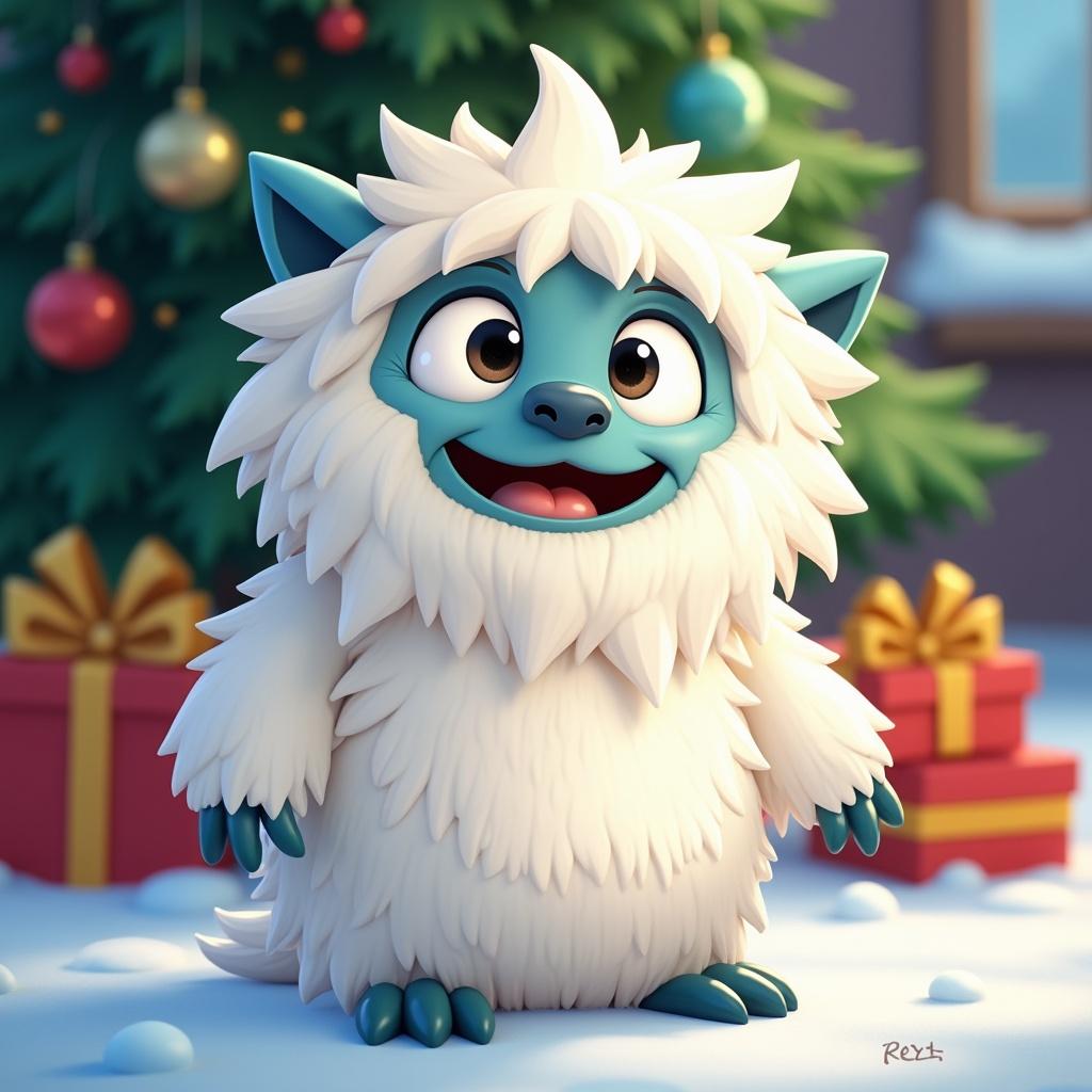 Cartoon character depicted as a baby Yeti in a festive environment. Background features a Christmas tree adorned with decorations. Snow is visible on the ground, along with gift boxes.