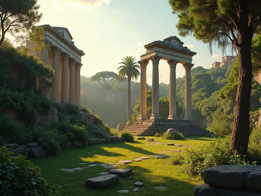 This image depicts a peaceful scene featuring ancient ruins surrounded by lush greenery. Majestic columns rise against a backdrop of gentle hills. Sunlight filters through trees, casting a warm glow over the grass. The serene atmosphere invites viewers to explore the history it represents. This setting is reminiscent of ancient civilizations, with hints of both Roman and Greek influences. The image balances nature and architecture beautifully, creating a timeless landscape.