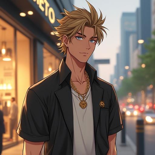 Anime depiction of a man aged 28 years. He has silver eyes and a handsome face with short light brown spiky hair styled into a spiky ponytail. The setting is a modern Gucci shop in Ginza during springtime. The character wears an expensive polo shirt and has a calm look. He possesses a muscular physique with defined abs and wears a wedding ring on his middle finger. The overall theme is futuristic and suggests he is the mayor of Tokyo.