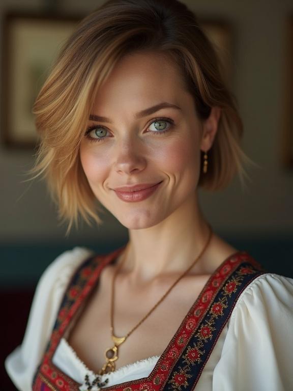 Danish stewardess with short dark blond hair and expressive blue eyes. Wearing traditional Danish dress. Smiling in front of the photographer in a diva pose. Shot in high definition.
