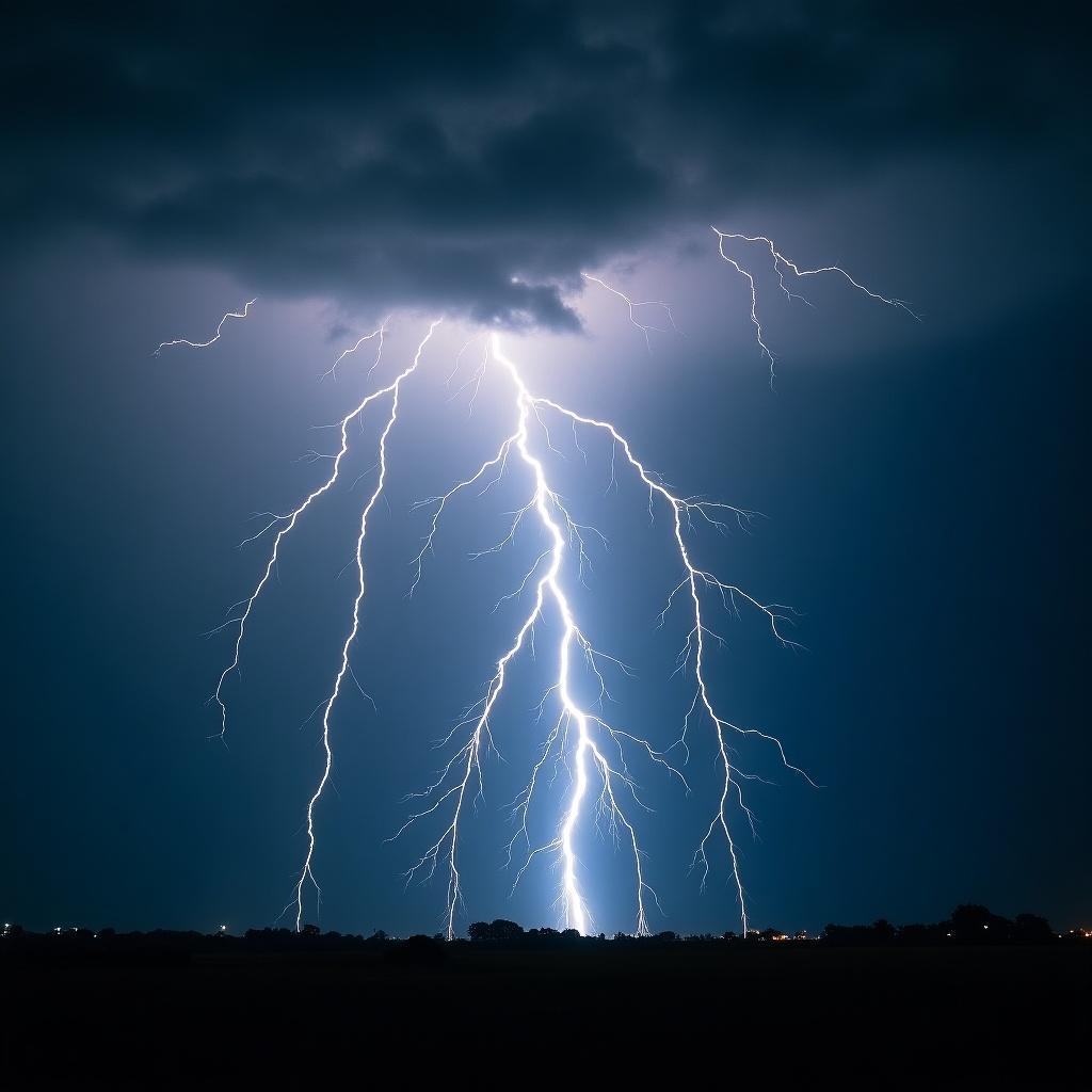 Dramatic thunderstorm scene. Central thunderbolt surrounded by many smaller lightning bolts. Dark stormy sky.