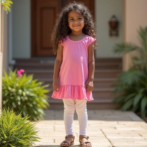 Young girl stands outside a home. She wears a short pink outfit with white leggings. The environment is bright and welcoming.