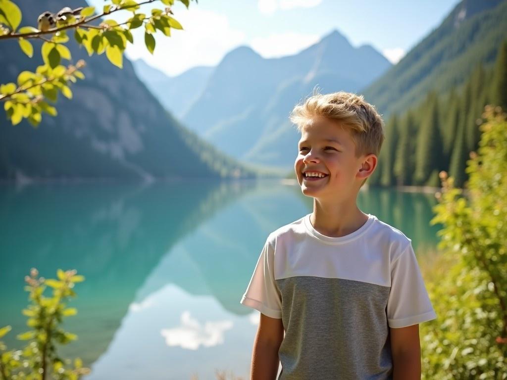 A healthy and fit boy stands by a serene lake, surrounded by mountains. He wears a stylish shirt that is half white and half grey. His face is bright with a large smile, reflecting joy and contentment. In the background, majestic mountains loom over a turquoise lake, and there are trees with birds perched on them. The sunlight enhances the natural beauty of the scene, creating a peaceful atmosphere. This image captures a perfect moment of enjoying nature and the outdoors.