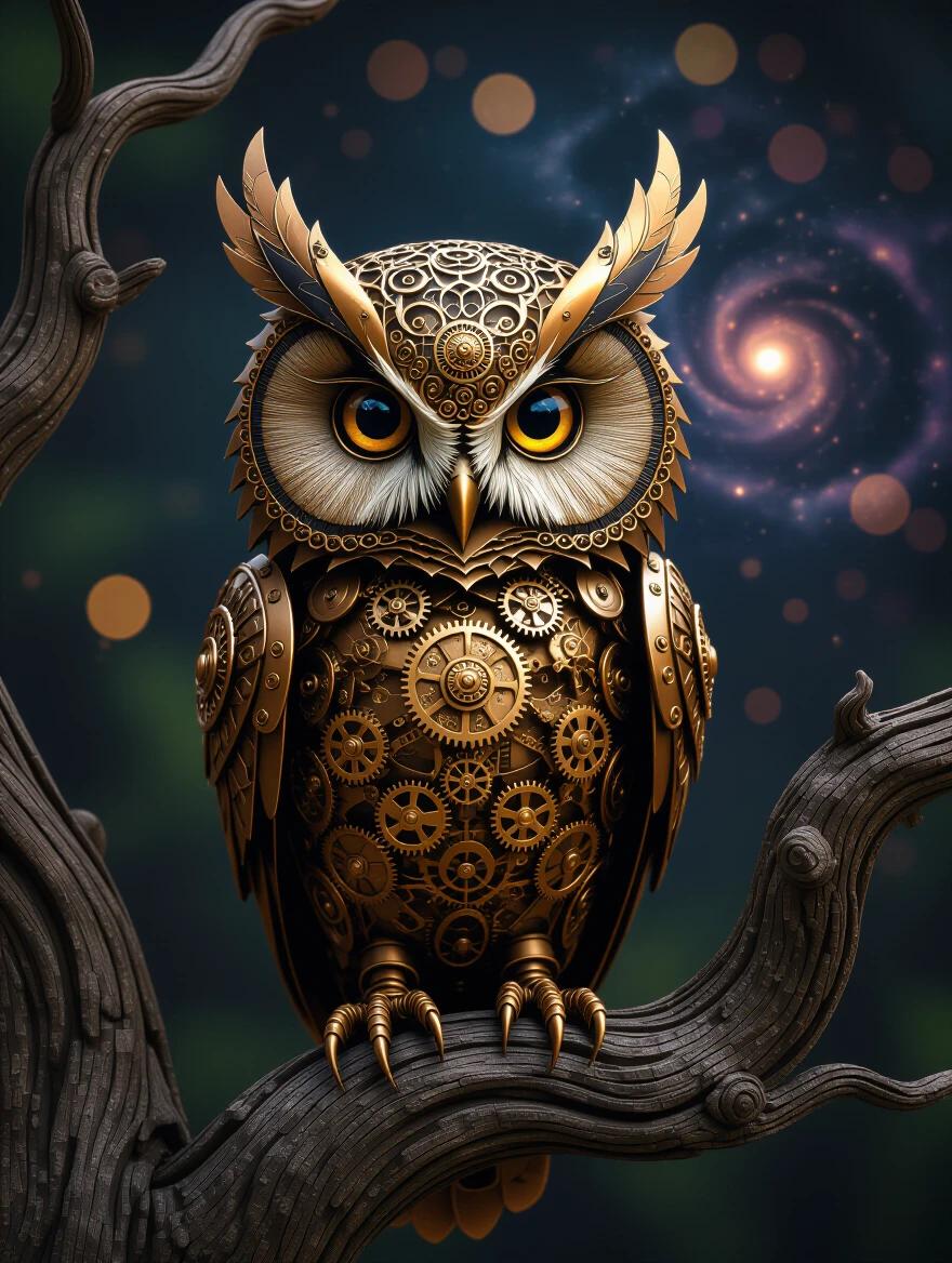 Stunning mechanical steampunk owl perched on gnarled tree branch with piercing gaze. Owl's eyes reflect dark nebula glow. Soft bokeh adds mystery. Antique gears and brass tones are prominent.