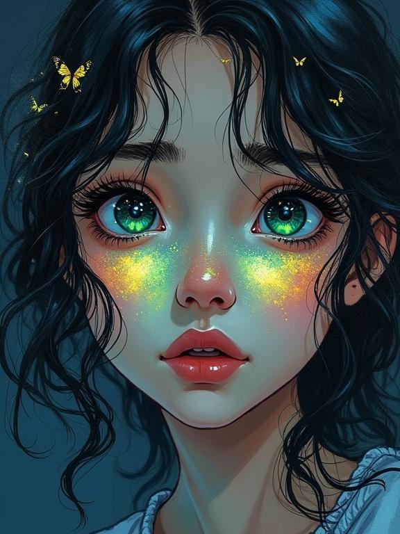 Close-up portrait of a confused young woman with loose waves. Dark background highlights festive details. Butterfly features visible. Expressive eyes with vibrant color transitions. Hand-drawn manga style. Rich colors on textured canvas with watercolor effects.