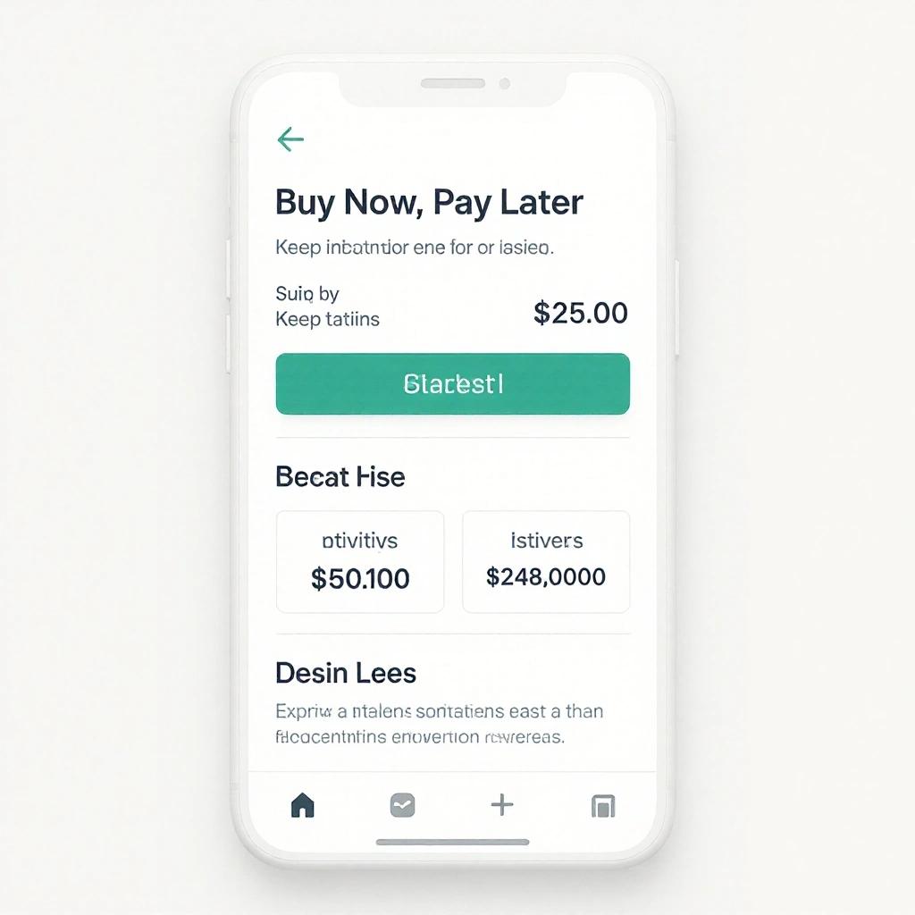 Mockup of an app for buy now pay later. Layout is simple and elegant. Predominantly white with green accents. Features a prominent button for user action.