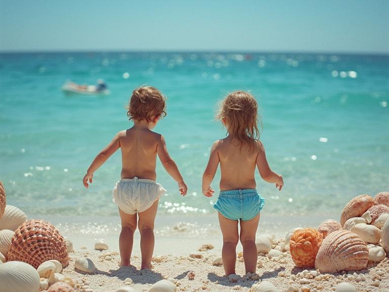 Two children made of water and shells stand on a beach. They face the ocean with the sun shining brightly. The shore is decorated with various shells. Soft waves lap at the shoreline. Natural innocence and joy are evident in their stance.