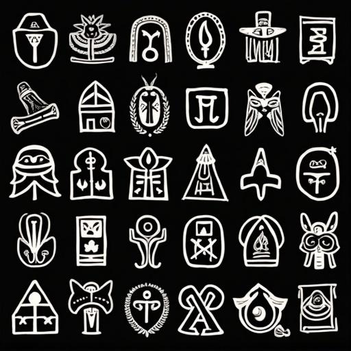 Vector repeatable pattern of hand drawn various ancient Egyptian symbols in white with a black background and transparent elements.