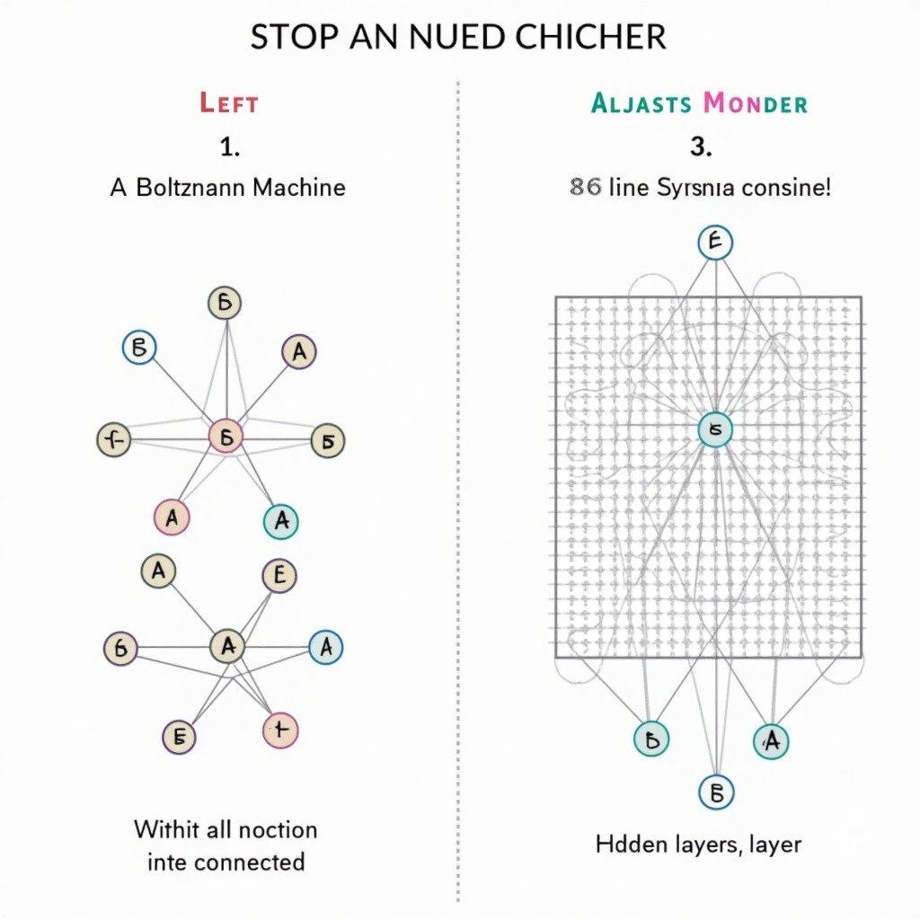 A side-by-side comparison illustrates two diagrams. Left diagram shows a Boltzmann Machine with all nodes interconnected. Right diagram displays a Restricted Boltzmann Machine with visible and hidden layers. Each layer is connected by lines. Diagrams are clearly labeled for understanding.