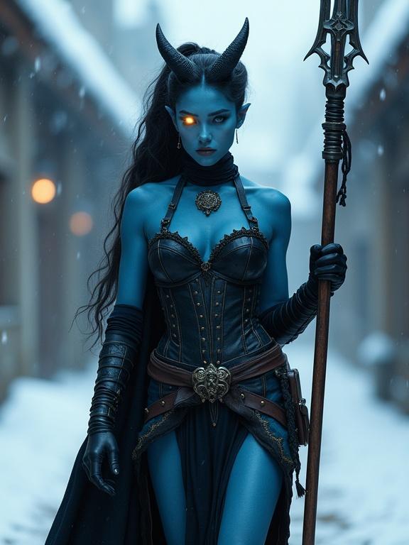 Medieval fantasy theme with a beautiful devil woman. Portrayed with brilliant blue skin. She has a long black ponytail and curled horns. Wearing a sleeveless corset dress with split skirt. Dark traveling boots and a long heavy cape. Carrying a lance wrapped in black cloth. Walking through a snowy medieval village.