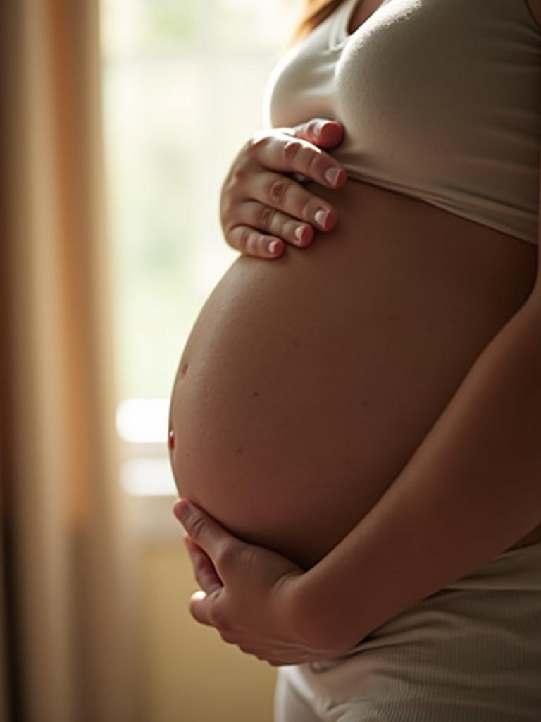 Pregnancy portrayed through cradling belly with hands. Soft light creates a serene atmosphere. Focus on gentle, maternal care.