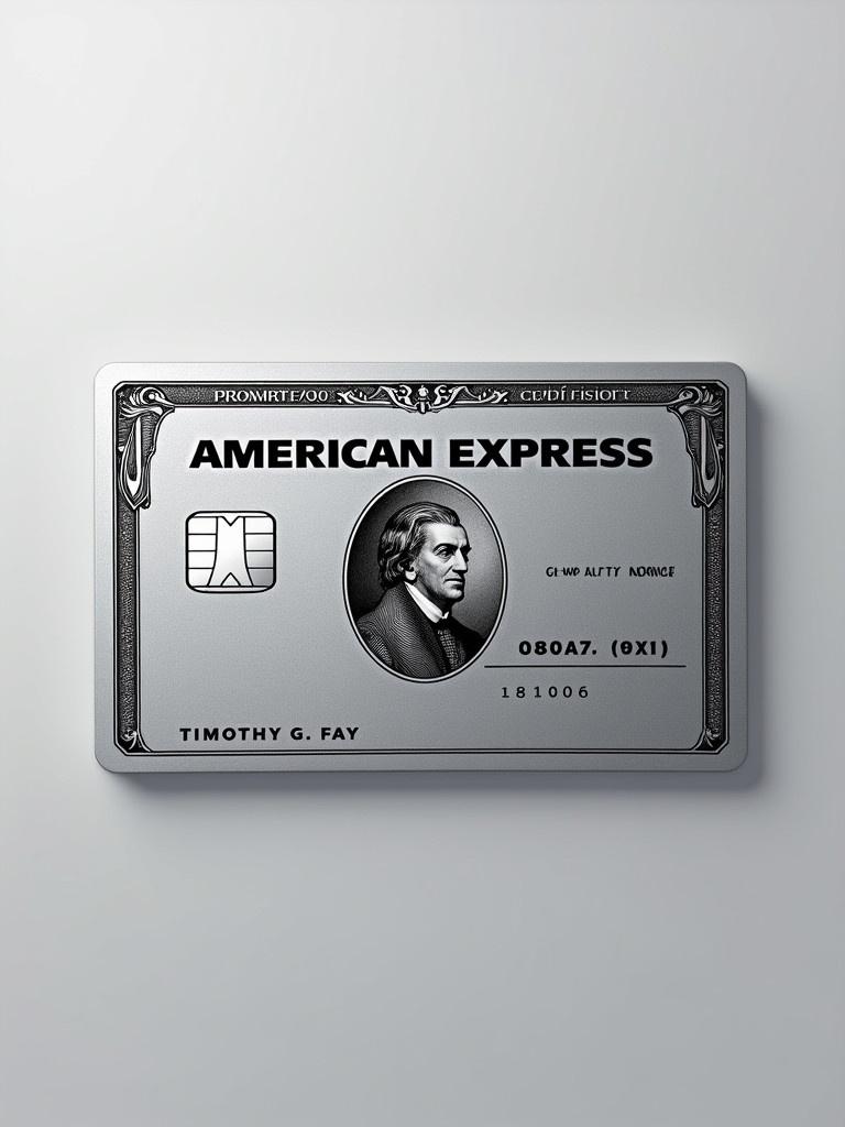 Realistic image of a business platinum American Express credit card. Cardholder name Timothy G Fay and expiry date 08/2029 are visible. The card features a silver background and bold black font for modern elegance.