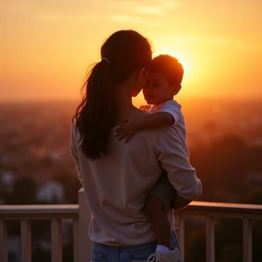 Mother hugs child on the terrace during sunrise with warm light and gentle colors creating a loving atmosphere
