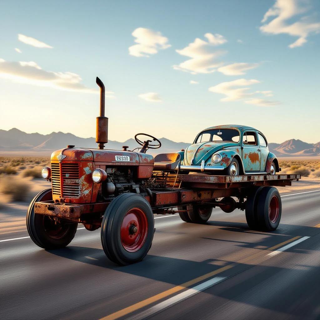 A vintage industrial tractor from the 1950s on a desert highway. The tractor shows heavy rust, deep corrosion, and peeling paint. It pulls a flatbed trailer with warped wood holding a pristine 1949 VW Beetle that has rust. The shot includes motion blur from cracked asphalt and dust clouds. Taken at sunset with volumetric light. A weathered hand can be seen on the wheel inside the open cabin. The photograph shows immense detail and sharp focus on the tractor's decay.