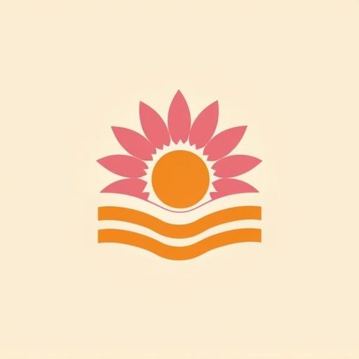 Image features a boho style design. Central element is an abstract sunflower with pink petals and an orange center. Below is a wavy orange line. Soft beige background creates a cheerful atmosphere. Simple and artistic design. Suitable for brand identity and decorative use.