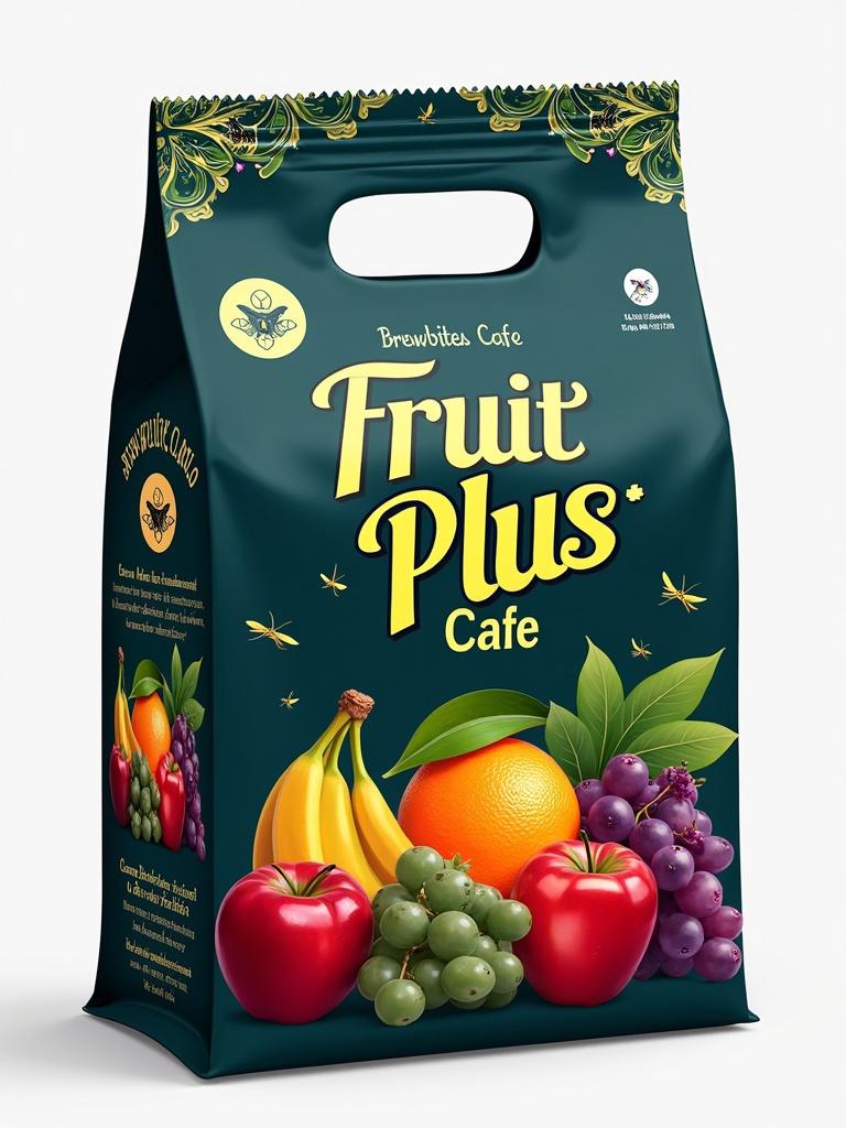 Design features a plastic bag for a fruit shop. Special name Fruit Plus. Design is vibrant eye-catching. Includes colorful fruits like apples oranges bananas grapes. Fresh font in green yellow. Simple layout for fruit market conveying quality variety. Small ibex logo on stomach area. Brewbites Cafe displayed prominently on chest in stylish typography. Subtle cricket-themed patterns on sleeves shoulders. Primary colors royal blue black with white gold accents.