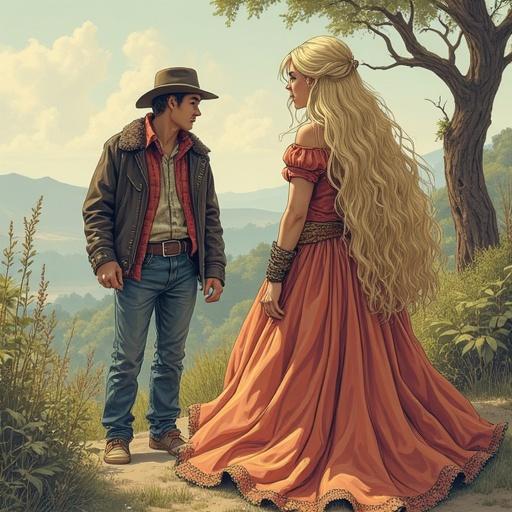 Fantasy-themed illustration featuring a long-haired blonde sorceress and a man in urban clothing in an enchanting landscape. The woman wears a flowing dress and the scene is set in nature.