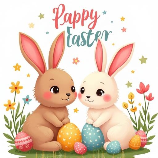 Cheerful Easter-themed illustration features two cute cartoon bunnies with pink ears. Surrounded by colorful decorated eggs and vibrant flowers. Includes playful elements like stars and pastel colors. The text 'Happy Easter' prominently displayed in a fun, colorful font. The name 'Margarita' included in a whimsical style.