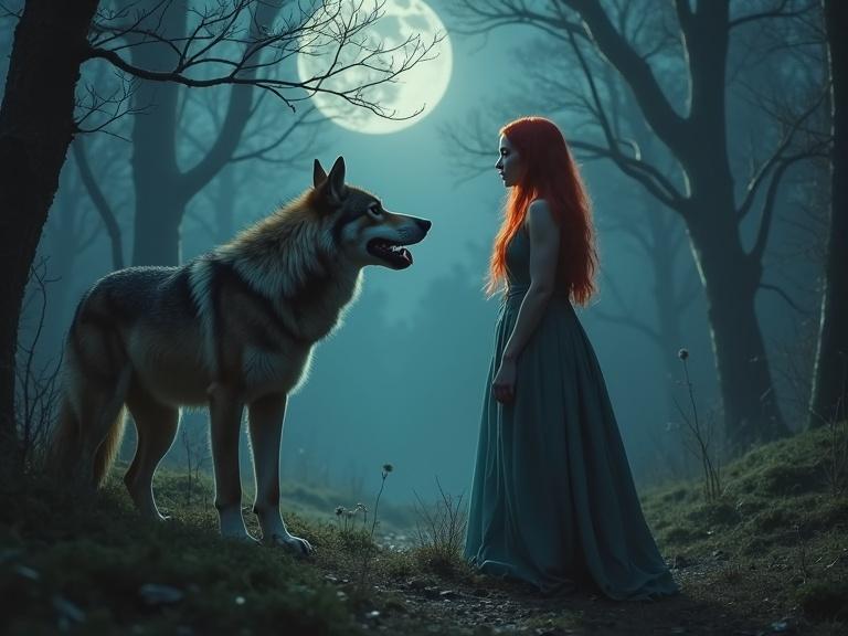 A woman with wolf-like features and red hair stands beside a werewolf in an ancient forest. Moonlight bathes the scene, creating an ethereal atmosphere.