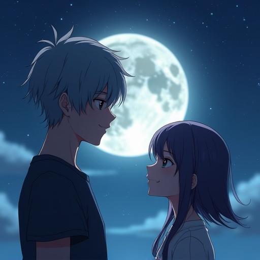 Anime boy and girl looking at each other. Night sky with a large moon. Boy holds phone. Love and romance theme.