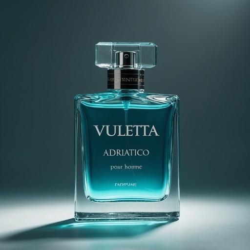 Elegant luxury perfume bottle with turquoise color in dramatic lighting. Background is a subtle, soft gray providing a minimalist aesthetic. Use dark blue for label featuring ‘VULETTA’ in bold bespoke engraved style unique font in metallic silver at the top. Below it in the middle ‘ADRIATICO’ in white silver font and below it 'pour homme'. Add faint metallic silver  — PARFEME — near the bottom. Close-up shot with light leaks.