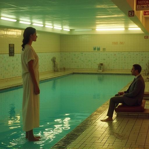 Deserted vintage public swimming pool facility from the 1980s flooded with water covering floors and benches. Dim yellow lights reflect on the water. Woman in a white nightgown stands barefoot at the edge. Man in a grey suit sits nearby soaked. Scene styled like a melancholic fashion editorial with hazy warm tones.