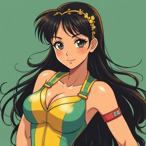Anime character with long black hair wearing a colorful outfit. The outfit includes green and yellow colors. The character has a friendly expression and is posed from the front.