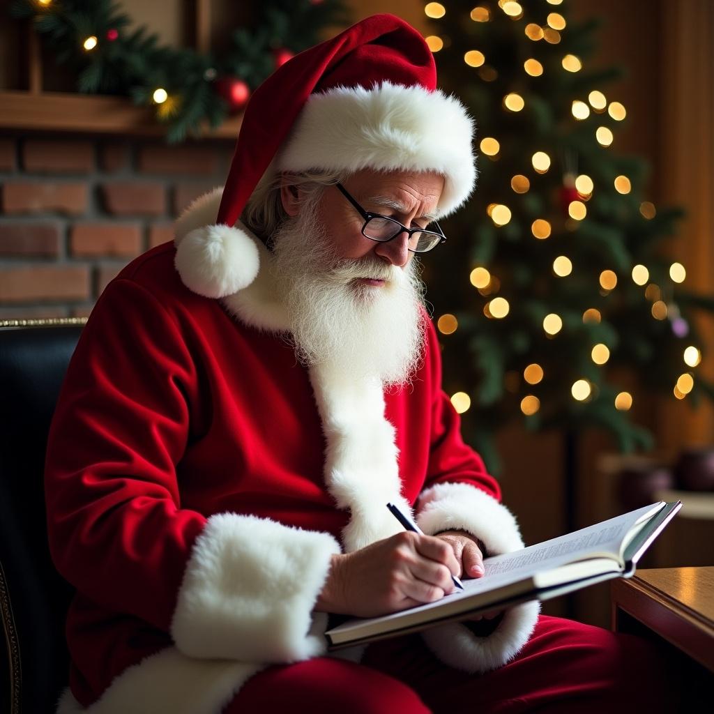 Santa writes in a book. He's dressed in traditional red and white attire. A Christmas tree with lights is in the background. The setting is warm and inviting, depicting holiday spirit.