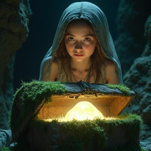 Fantasy dressed woman at an ancient moss-covered chest in a shadowy dungeon. Lifting the chest lid reveals a glowing diamond gemstone. Camera zooms in on her amazed face, capturing her awe as the gem illuminates the dark chamber.
