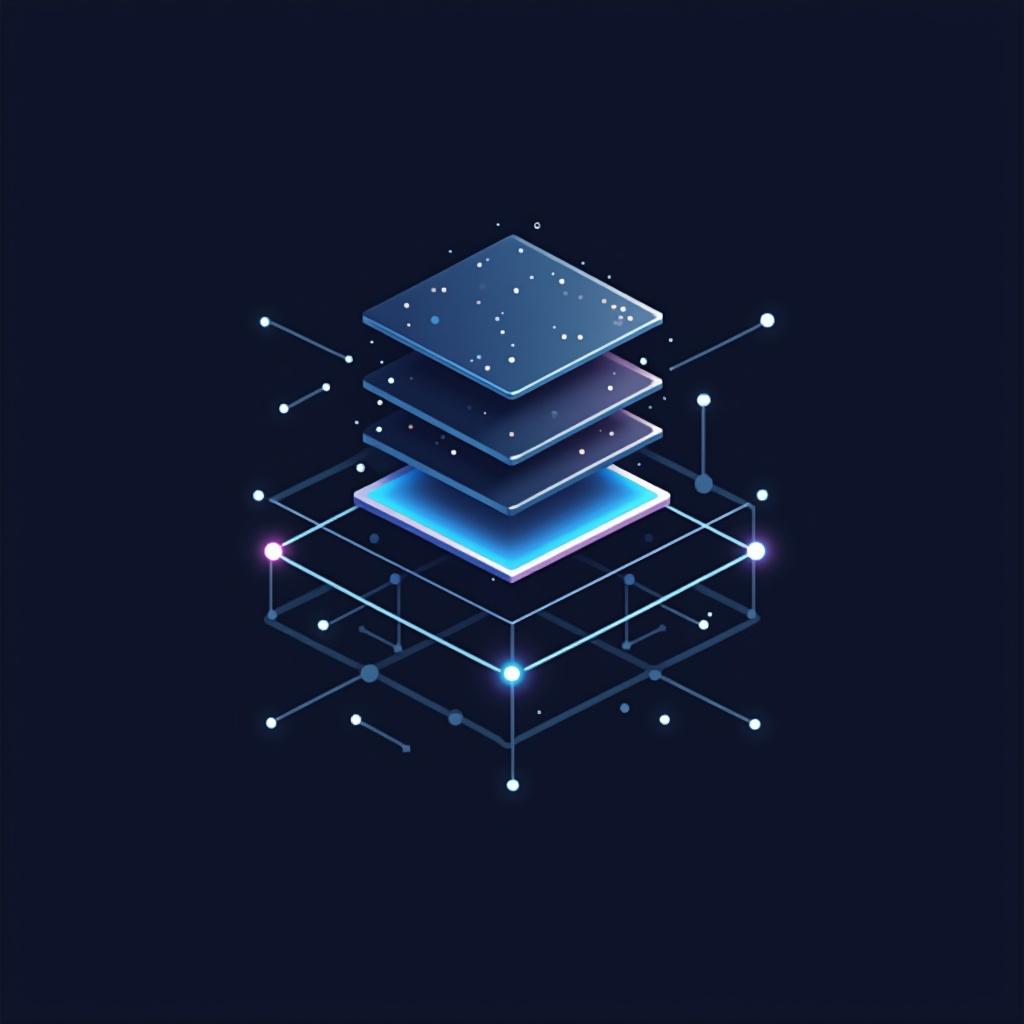 Minimalist futuristic website logo features interconnected blockchain nodes. Neural network patterns visible in layered design. Represents expertise in blockchain mobile full-stack engineering and artificial intelligence.