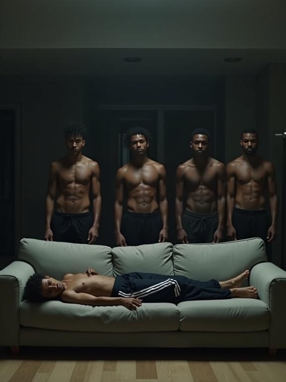 Cinematic-style scene in a modern living room. Large sofa is centered. Young man lies on the sofa face down. He wears long Adidas track pants. Five tall muscular Black men stand behind the sofa looking serious. Lighting is dim creating a moody atmosphere.