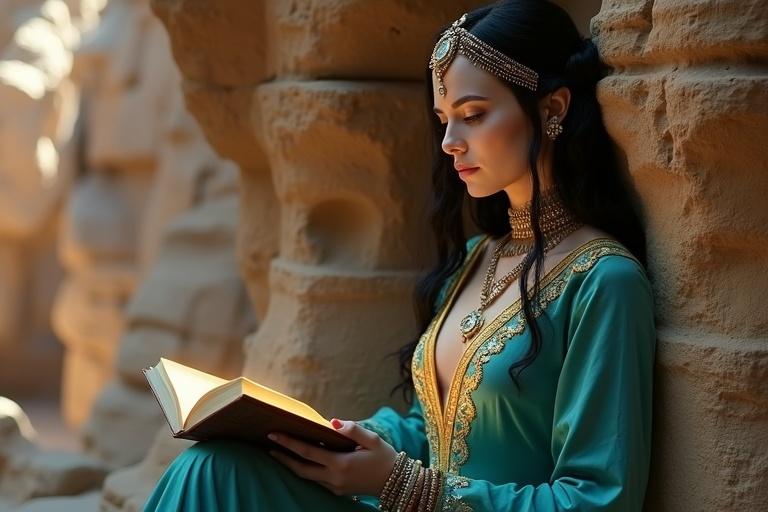 A tall woman with fair skin in a turquoise Arabian princess outfit reads a glowing book. She has shiny black hair and a deep V-neckline with gold details. A jeweled headpiece is on her head. She is seated in a stone nook in a canyon and appears intrigued.