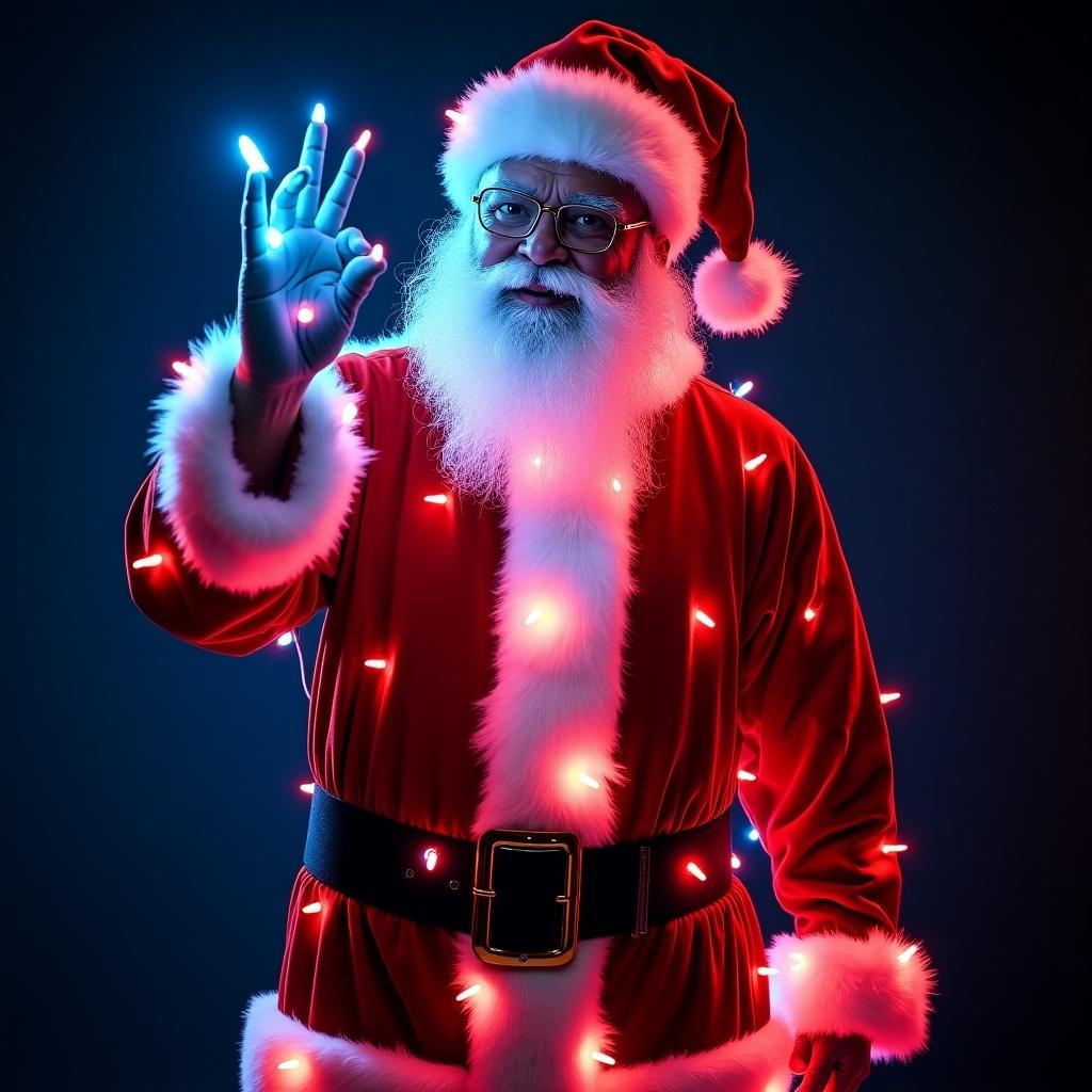 The image features Father Christmas, adorned in his iconic red suit with white fur trim. He stands against a dark backdrop, creating a striking contrast with the brightly colored neon lights. His hands are illuminated, making a gesture that adds an interactive feel to the scene. The vibrant colors of the lights include red, blue, and pink, bringing an exciting and modern twist to traditional Christmas imagery. This composition evokes a festive atmosphere, perfect for holiday marketing campaigns or seasonal promotions.