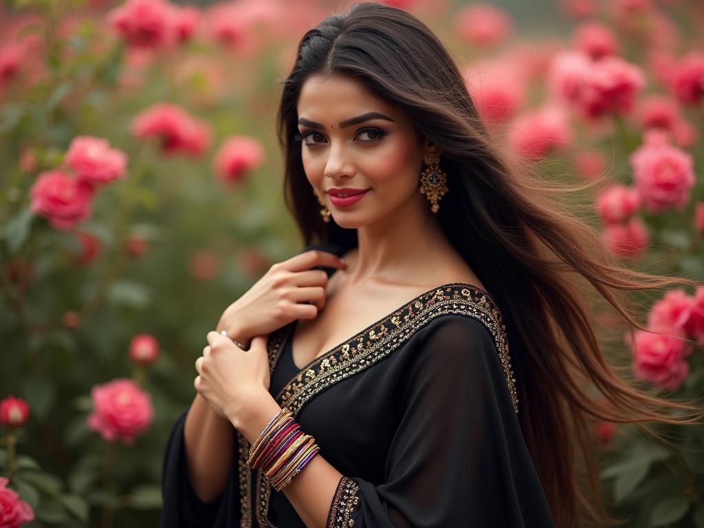 The image features a woman with long, flowing hair, wearing a traditional outfit. She is shown from the shoulder up, with her left hand gently holding her dress. The dress is elegantly designed, and in this case, it is black in color. She is adorned with colorful bangles on her wrist, adding a touch of vibrancy to the look. The background is filled with beautiful flowers, enhancing the overall aesthetic of the image.