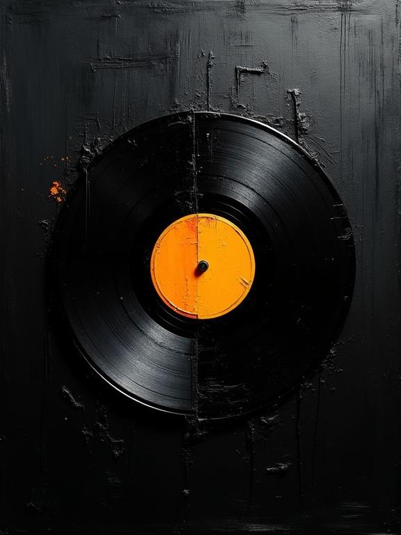 Digital abstract expressionist oil painting with black background. Harsh visible paint strokes with cubist and unfinished elements. Flat colors and dynamic silhouette design. Minimalist close-up illustration of vinyl record diagonally filling the image. Light and dark sides, dark side shows heavy viscous corruption.