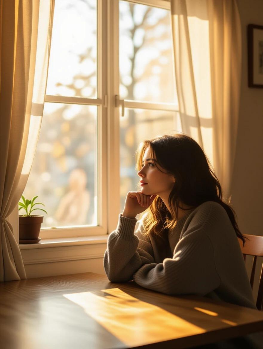 A person sitting alone in a quiet room. Hand resting on chin in a contemplative pose. Soft morning light streaming through a window. Natural shadows present. Mood is introspective with a documentary style and emotional depth.