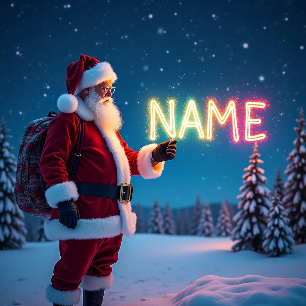 Santa Claus holds a glowing pen writing in the sky. Colorful letters spell NAME. Snowy forest backdrop. Magical atmosphere.