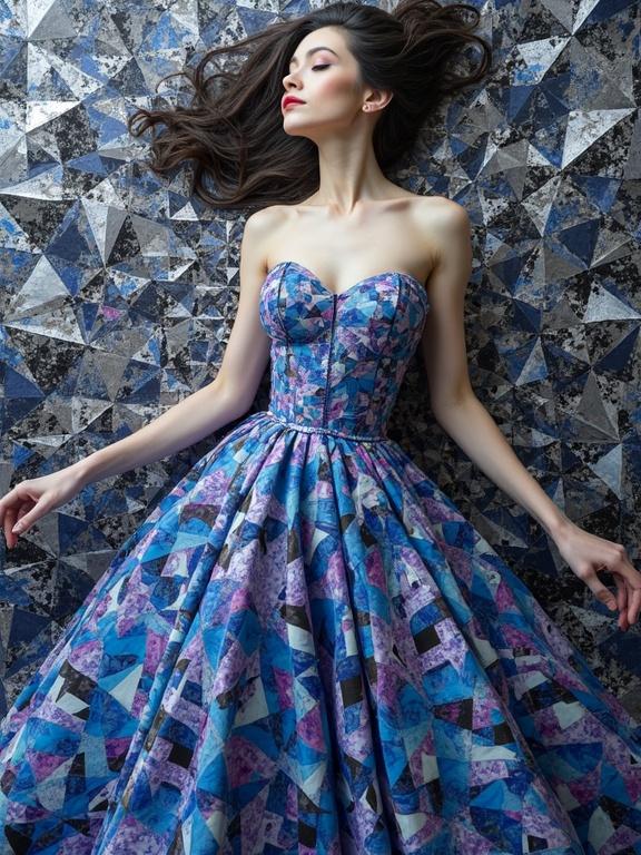 A surreal collage portrait features a woman in a stunning dress. The dress has a kaleidoscopic design. Background shows intricate geometric patterns. Elements reminiscent of Escher's and Bridget Riley's art styles. The colors are indigo, violet, silver, black, and blue, combining abstract shapes.