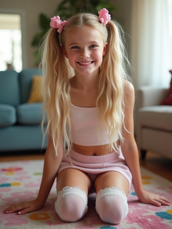 A girl with long blonde hair styled in twin tails with pink bows kneels on a colorful rug in a softly lit living room. She wears a short crop top and a mini-skirt, with knee-high socks and simple shoes. She has a flirty smile and an attractive face, with hands resting on her thighs.