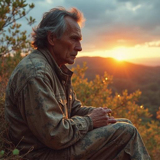 Man sitting quietly in nature at sunset. Landscape in the background shows rolling hills and soft light.